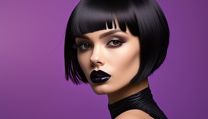 studio portrait of a brunette model with short hair and black lipstick on violet background