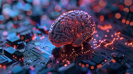 A human brain floating on top of an electronic circuit board, glowing with data flowing through it