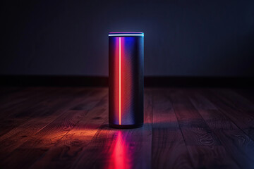 A music speaker with colored lighting stands on the floor in the dark. Generated by artificial intelligence