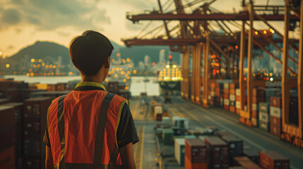 Man surveying harbor cargo containers