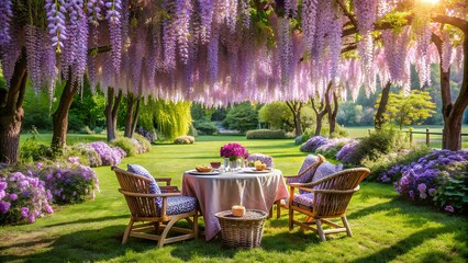 A romantic picnic under a secluded garden's canopy of wisteria flowers