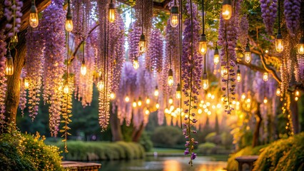 A romantic evening with wisteria flowers lit by soft fairy lights