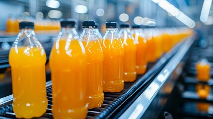 Close-up of fruit juice bottles on a modern production line, clean and efficient manufacturing process in a food plant