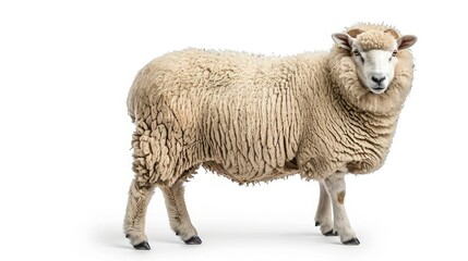 Fototapeta premium A close-up of a fluffy sheep standing on a white background. The sheep's wool appears thick and curly, displaying a natural, warm texture.