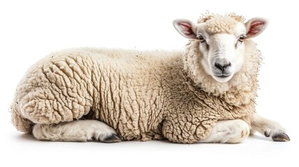 A close-up image of a woolly sheep lying down against a white background. The sheep appears calm and relaxed, showcasing its fluffy fleece.