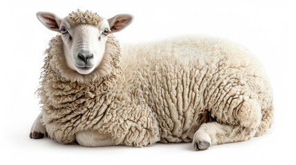 Obraz premium A close-up image of a fluffy sheep lying down on a white background, showcasing its woolly texture and calm expression.