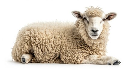 Fototapeta premium A close-up photo of a fluffy sheep lying down against a white background. The sheep has curly wool and is looking at the camera.