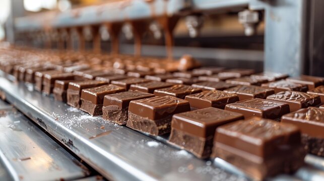 Close-up of chocolate wafer squares on a production line, showcasing a modern food plant's clean and efficient manufacturing process