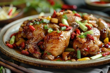 A delicious plate of braised chicken garnished with fresh herbs and vegetables, perfect for a savory meal on any occasion.