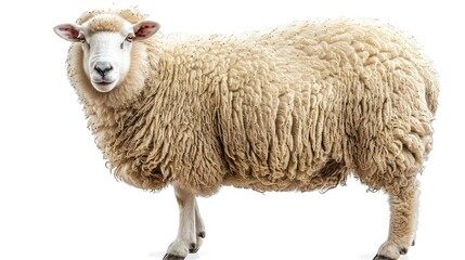 Fototapeta premium Close-up of a fluffy white sheep with thick wool, standing against a white background, showcasing its full profile.
