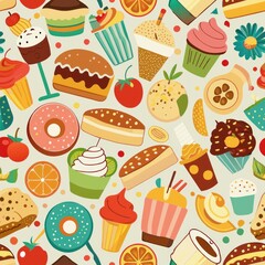 Seamless pattern of collage shapes featuring food items like desserts, snacks, and beverages, Generative AI