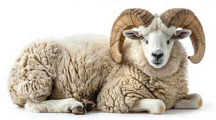 Naklejka premium Close-up of a sheep with impressive horns, lying down on a white background, showcasing its fluffy wool and calm demeanor.
