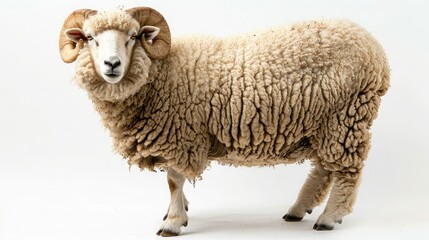 Fototapeta premium Close-up of a woolly sheep standing on a white background, showcasing its textured fur and curved horns in detail.