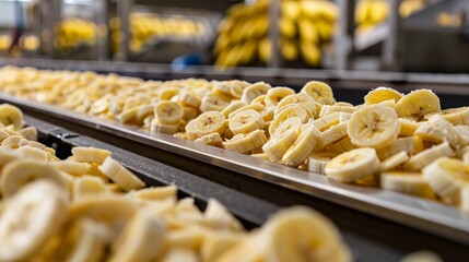 Banana chips production in a modern plant, close-up, showcasing the clean and precise processing line