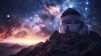 Obraz premium A stunning night sky with galaxies above a remote observatory standing on a rugged mountain peak.