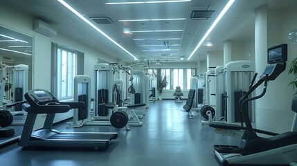 Fototapeta premium A gym with an area specifically designed for relaxation and recovery, including various recovery devices. Generative AI.