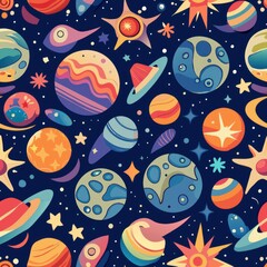 eamless pattern of collage shapes inspired by celestial bodies such as stars, moons, and planets, Generative AI