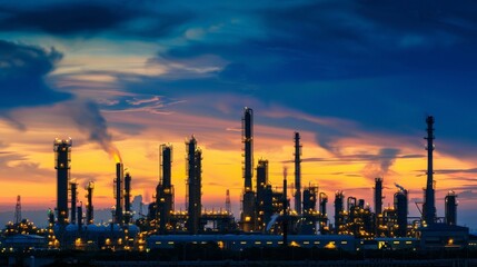 Fototapeta premium A dramatic industrial skyline showing the complex silhouette of an oil refinery during the blue hour