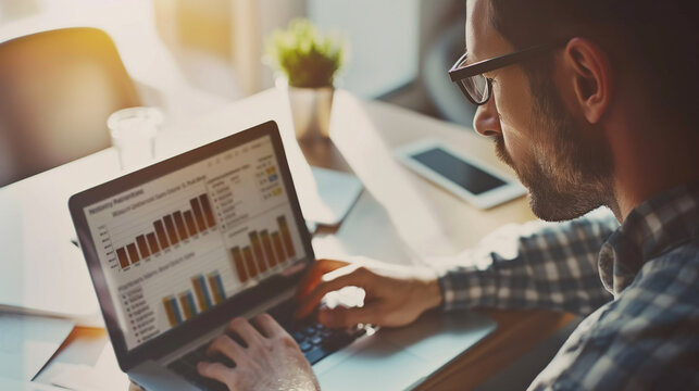 Man utilizing laptop with chart displayed