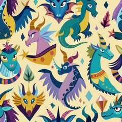 Seamless pattern of collage shapes inspired by fantasy creatures like dragons, unicorns, and fairies, Generative AI
