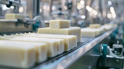 Obraz premium Detailed view of bar soap manufacturing, clean production line in a modern food plant, showcasing the soap bars and machinery