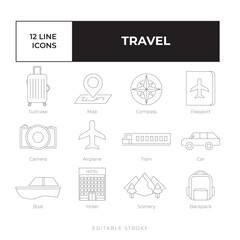 Travel line icon set vector simple, black and white vector icon bundle