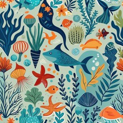 Obraz premium Seamless pattern of collage shapes inspired by underwater scenes with sea creatures and plants, Generative AI