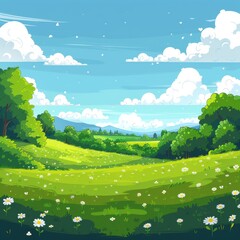 春の日差しが降り注ぐ草原のイラスト
