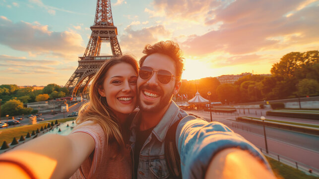 A joyous couple of tourists, arm in arm, smiling brightly as they take a selfie in front of the iconic Eiffel Tower in Paris, the golden glow of sunset