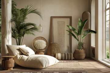 Mockup frame in a boho nomadic interior background with rural decorations