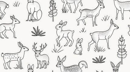 Line-drawn pattern of forest animals including deer, rabbits, and squirrels seamless pattern