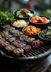 Fototapeta premium Yakiniku - Grilled meat served with dipping sauces, often prepared at the table. 