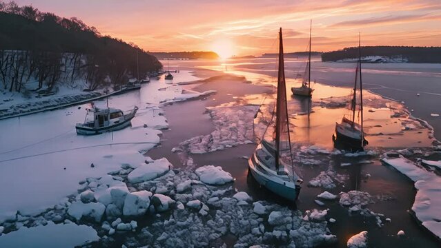 Sunset view of boats on a frozen river