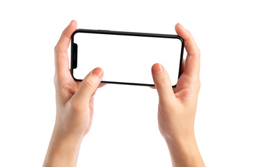 Hand holding the black smartphone with blank screen isolated on white background, clipping path.