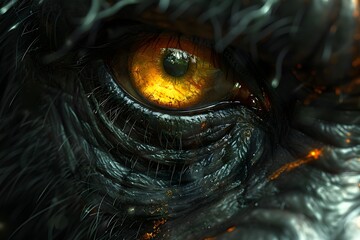 Intense Close-up of a Fierce Golden Eye in a Dark Creature's Face - Perfect for Fantasy, Horror, or Sci-Fi Design