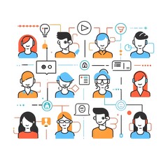 a group of people customer service and communication, headphones, white background, outline vector illustrations with people