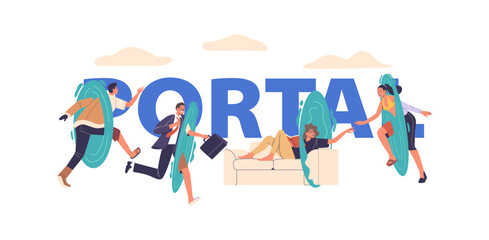 Characters Using Portals For Creative And Dynamic Communication, Showcasing Connection And Teamwork Vector Poster