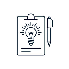 Clipboard, light bulb, pen. Concept new business idea, startup. Vector linear icon isolated on white background.