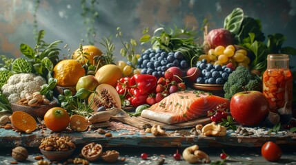 Design a digital composition showcasing a variety of nutrient-rich foods like lean proteins