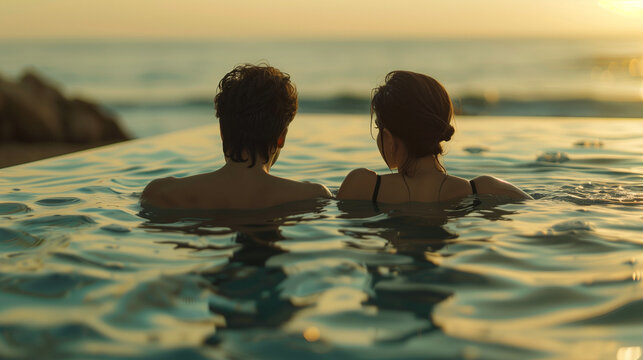 young couple swimming in the pool with beach background in the afternoon, Ai Generated Images