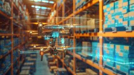 Fototapeta premium A high-tech drone navigates through a smart warehouse, utilizing advanced technology for efficient inventory management and logistics. Futuristic Drone Navigating Smart Warehouse