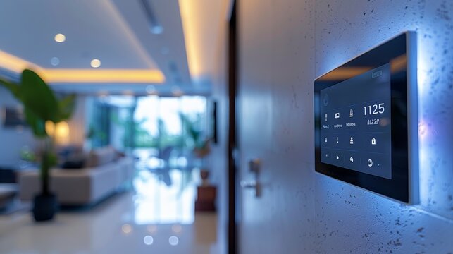 Close up High-tech entryway with biometric security, smart door lock, and an interactive wall panel displaying home status updates, set in a sleek, minimalist design. Generative AI.