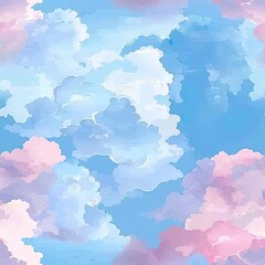 Abstract watercolor painting of clouds in pink, blue, and white.