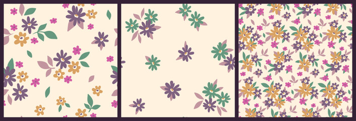 Seamless floral pattern, liberty ditsy print, abstract mini flowers ornament. Cute botanical design collection: small hand drawn daisy flowers, tiny leaves, pretty simple bouquets. Vector illustration © Yulya i Kot