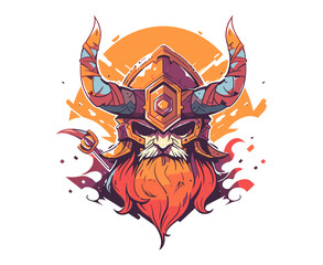 Obraz premium Fantasy vikking warrior with red beard wearing horned helmet, abstract background. Flat vector illustration