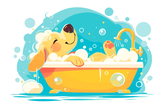 A happy dog relaxing in a bubble bath, surrounded by soap bubbles and looking content. Flat vector illustration.