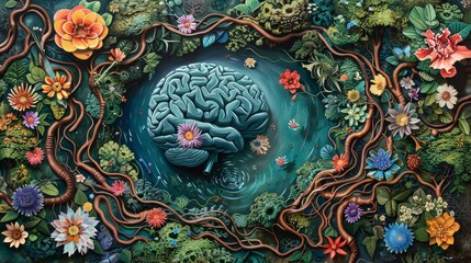 Illustrate a photorealistic oil painting of a serene brain garden from above