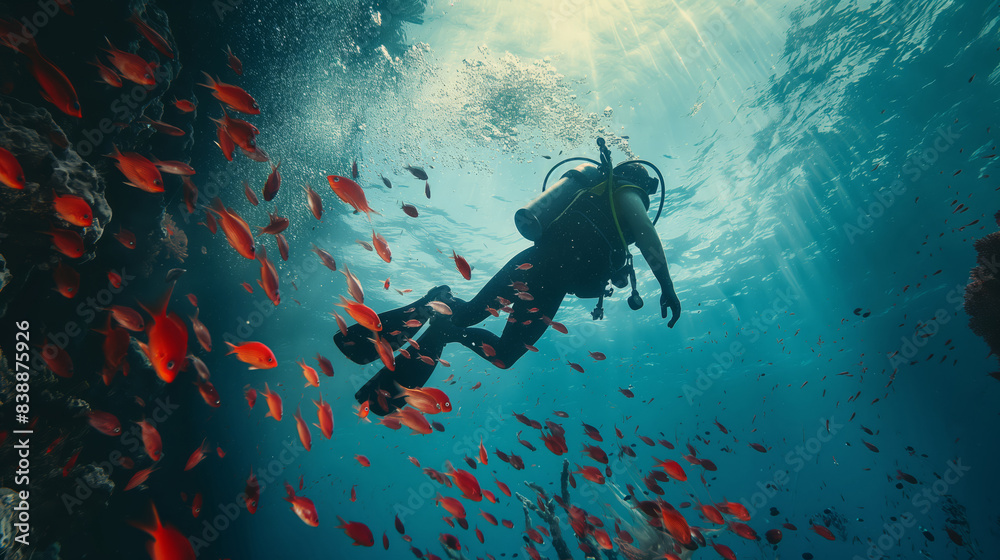 Wall mural Scuba Diver in Sunlit Waters, Surrounded by Fish in a Beautiful Underwater Paradise