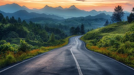 An empty asphalt road meandering through a verdant forest, with the peaks of distant mountains visible on the horizon. The scene is bathed in the warm glow of sunset. Generative AI.