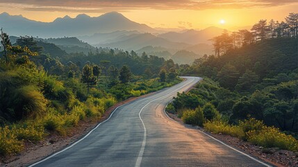 Fototapeta premium An empty asphalt road meandering through a verdant forest, with the peaks of distant mountains visible on the horizon. The scene is bathed in the warm glow of sunset. Generative AI.